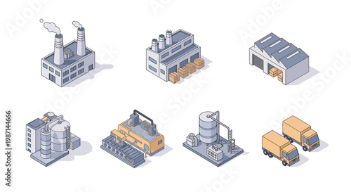 Isometric illustration of industrial facilities and transportation vehicles, factory set