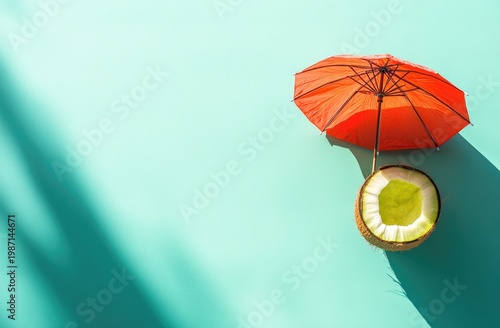 Coconut under umbrella on blue background, summer vacation concept.