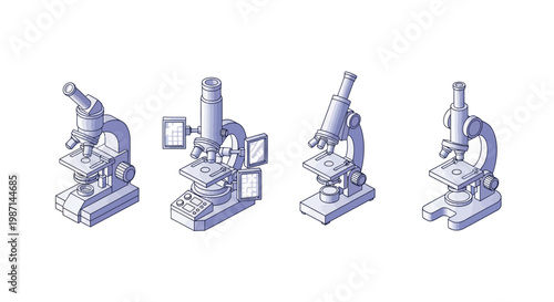 Isometric illustration of laboratory microscopes in various configurations for scientific research