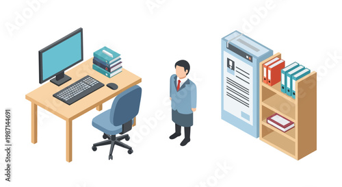Isometric illustration of an office environment with a person, desk and document holder
