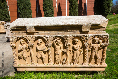 Intricately Carved Ancient Roman Columnar Sarcophagus with Mythological Figures in Aphrodisias