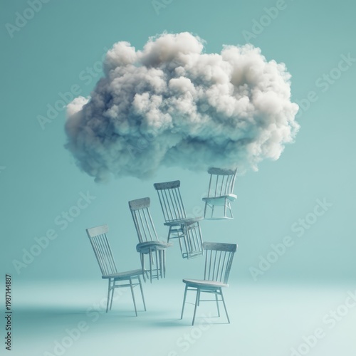 Surreal Scene - Chairs Falling from a Cloud in a Minimalist Setting.