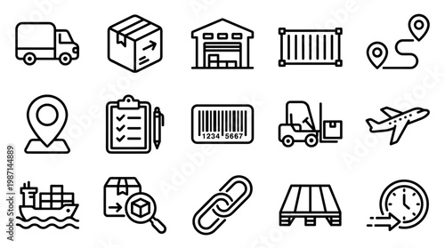 Logistics and Delivery Line Icon Set with Shipping, Transport, Warehouse, Cargo and Supply Chain Symbols for Distribution and Freight Concepts