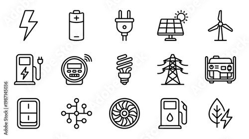 Energy, Power, and Renewable Technology Line Icons Set