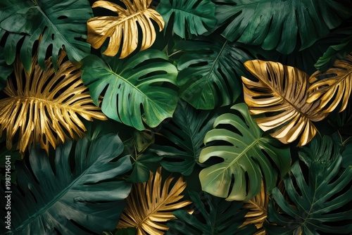 Lush Monstera Deliciosa Foliage - A Tropical Symphony of Green and Gold.