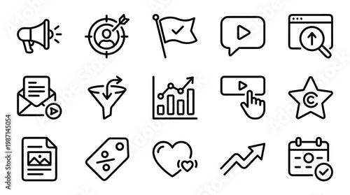 Modern Business and Digital Marketing Line Icons Set Featuring Communication, Analytics, SEO, Targeting, Email, and Strategy Symbols