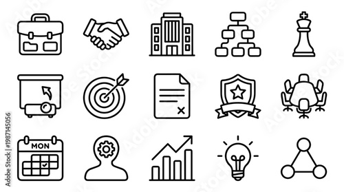 Business Management and Corporate Workflow Line Icons Including Teamwork, Leadership, Organization, and Planning Concepts