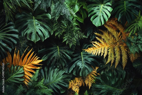 Lush Tropical Foliage - A Vibrant Tapestry of Green and Gold.