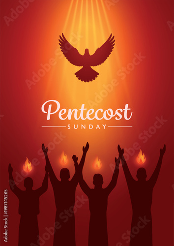 Pentecost Sunday Vector Illustration with Flame and Holy Spirit Dove in Christians Religious Culture Holiday Background, Biblical Series.