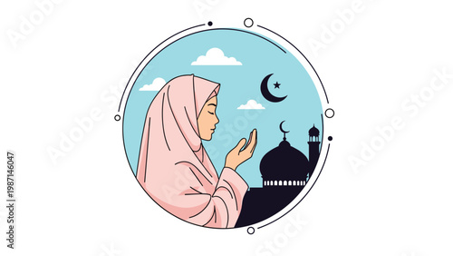 Serene Muslim woman praying with hands raised in front of a mosque and crescent moon, enclosed in a circular frame.