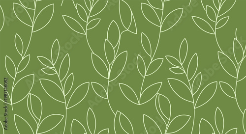 Seamless pattern of delicate white branches with leaves on a muted green background