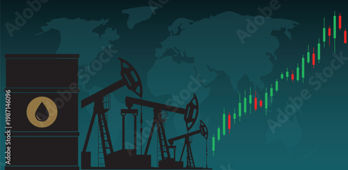 Silhouettes of oil barrel and pumpjacks against world map with rising candlestick chart, dark teal background. Concept of oil market growth and global energy trading. Vector illustration