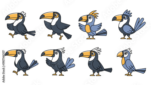 Collection of eight different cartoon toucan birds in various poses, showcasing their vibrant and playful nature.