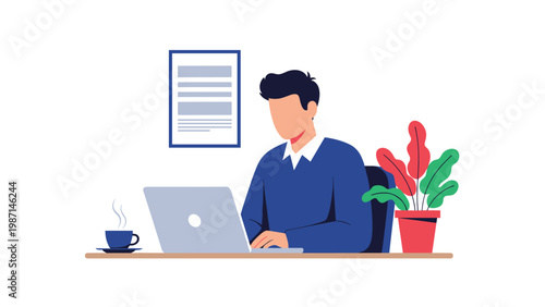 Young man working diligently on his laptop at a minimalist desk, with a cup of coffee and a potted plant.