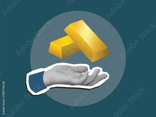 Black and white hand holding a gold bars. Modern collage style. Vector illustration
