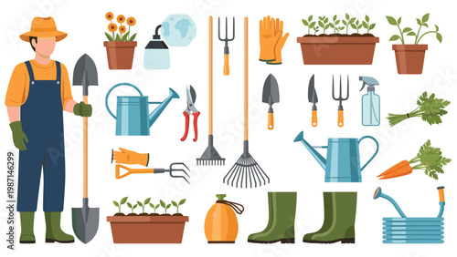 Male gardener standing with a shovel, surrounded by a comprehensive collection of diverse gardening tools and plants.