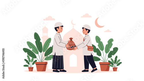 Two Muslim boys exchanging gifts or alms, symbolizing charity and community during an Islamic celebration like Eid.