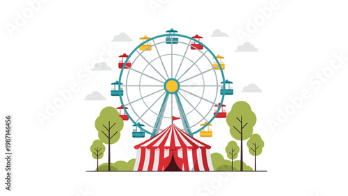 Colorful Ferris wheel and a classic striped circus tent set against a backdrop of green trees and white clouds.