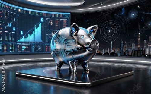 Futuristic piggy bank with circuit patterns stands before financial