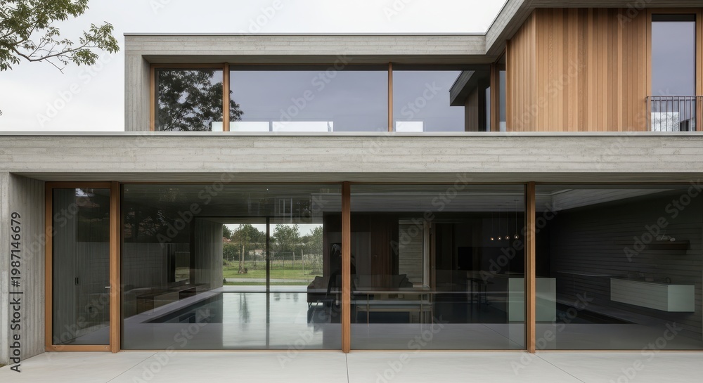 Fototapeta premium Modern Luxury Villa with Large Glass Windows and Concrete Architecture Featuring Minimalist Design, Spacious Interior Living Area, Outdoor Patio, and Natural Daylight in Contemporary Home