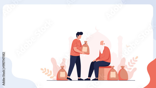 Young man giving bags of food or alms to an elderly man, symbolizing charity and helping the less fortunate.