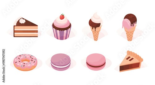 Illustration of various delicious desserts including cake, ice cream, donut, and macarons