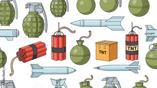 Seamless pattern featuring a dangerous assortment of various bombs, grenades, TNT, and missiles on a white background.