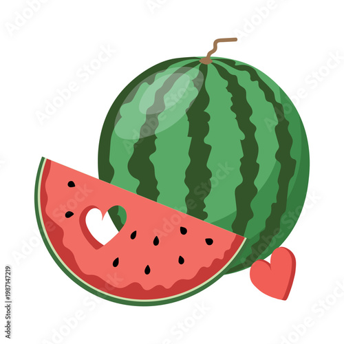 Watermelon whole fruit with slice featuring heart shape cutout red flesh black seeds and green rind flat design fresh summer fruit isolated on white background love concept