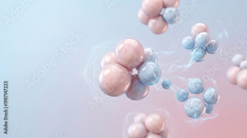Abstract fat cells floating in soft gradient background with copy space, adipose tissue concept, biology science.