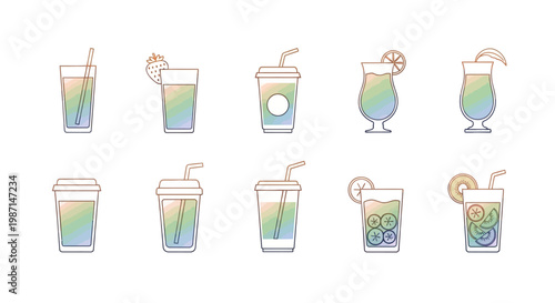 Illustration of various refreshing beverage icons with straws, fruits, and minimalist style