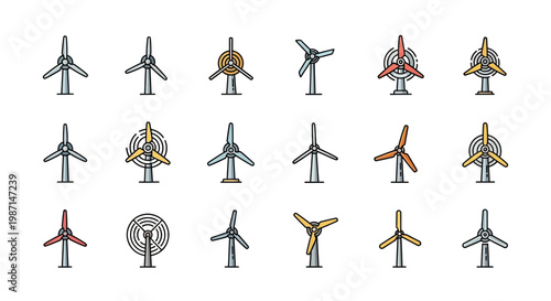Illustration of various wind turbines, a visual guide to renewable energy production