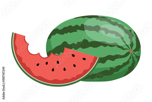 Watermelon whole fruit with bitten slice illustration red flesh black seeds and green rind flat design fresh summer fruit isolated on white background