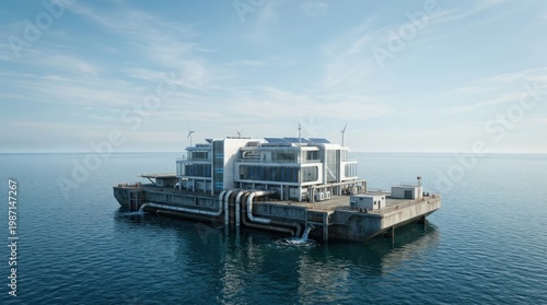 Floating offshore data center platform on calm sea, modern infrastructure concept, cloud computing technology.