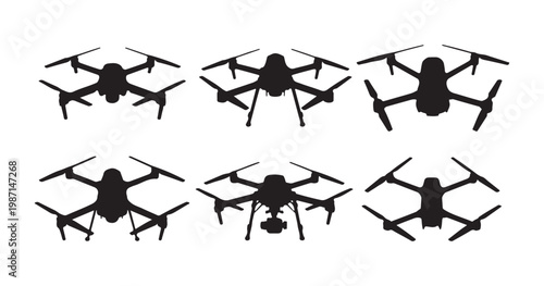 Unmanned aerial vehicle silhouettes set for aerial surveillance and modern technology concept design.