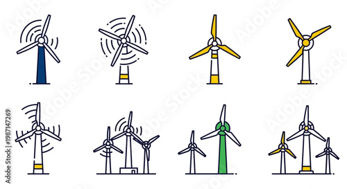 Illustration of Wind Turbines in Various Styles on a White Background