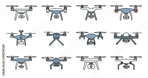 Blue drone line art icons set showing various unmanned aerial vehicles for photography and filming.