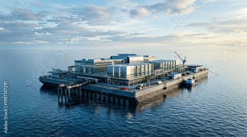 Large offshore data center facility on sea platform, cloud infrastructure concept, sustainable cooling technology.