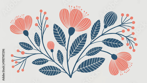 beautiful floral arrangement with pink flowers and blue leaves on light gray background
