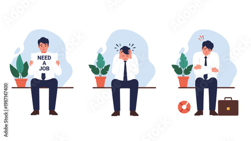 Set of three men depicting job loss, stress, and unemployment, holding a "Need a Job" sign, feeling overwhelmed.