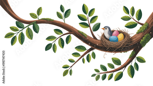 Bird sitting in nest on tree branch with colorful eggs