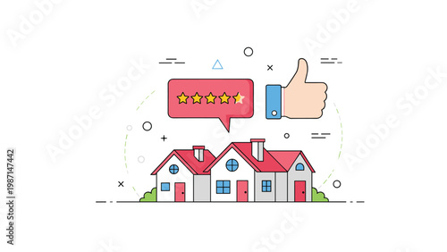 Positive real estate reviews with star ratings and a thumbs up, symbolizing customer satisfaction and property value.