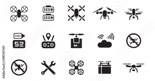 Set of black icon for drones, including parts, control, and no-fly zones.