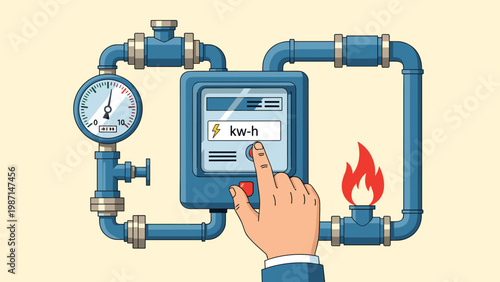 Hand touching a smart meter displaying electricity and gas consumption in kilowatt-hours, symbolizing energy management.
