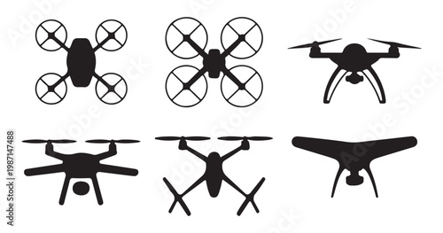 Collection of drone silhouettes showing various designs and top down perspectives on transparent background.