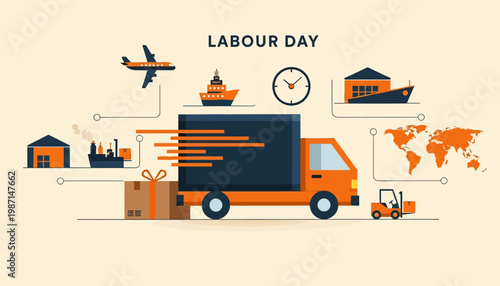 Logistics workers celebrate labour day with delivery and transportation elements in flat illustration
