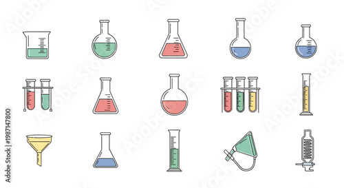 Illustrated laboratory equipment in various colors against a plain white backdrop