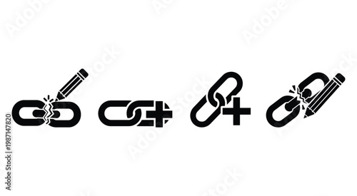 A collection of four flat black vector icons depicting various link editing and creation actions