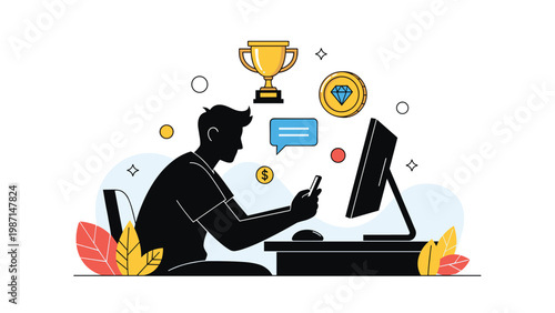 Man playing online games on a computer and smartphone, earning trophies, coins, and diamonds as rewards.