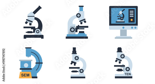 Illustrated scientific equipment featuring various microscope designs for educational use