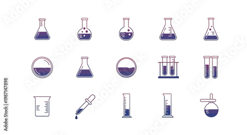 Illustrated scientific equipment icons for lab analysis and experimental exploration design elements